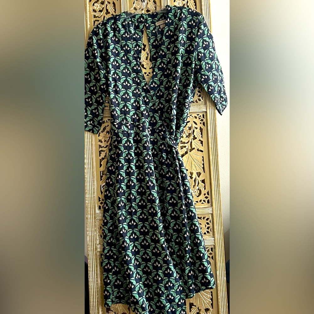 Ethereal Paper Crane Backless Dress Three Quarter Sleeves Blue Green Floral Sz L - Picture 3 of 11